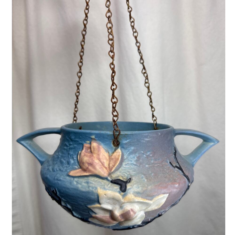 Roseville Pottery Vintage Blue Magnolia Hanging Basket Planter Floral Handles